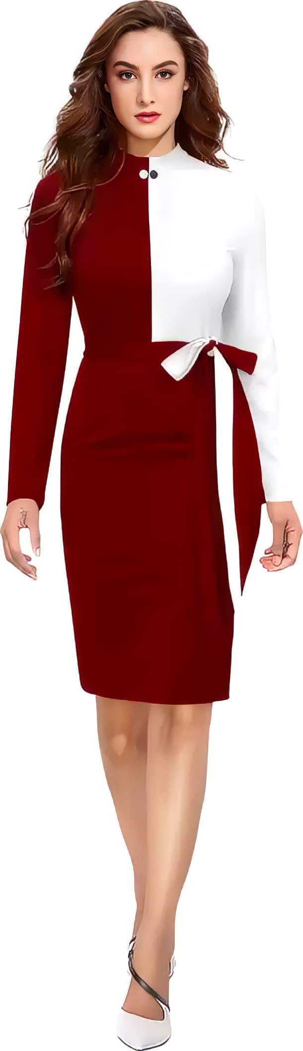 zelzis Women Polyester Colourblock Western Bodycon One Piece Dress (Classic Coller with Comfortable Belt)-picture-40