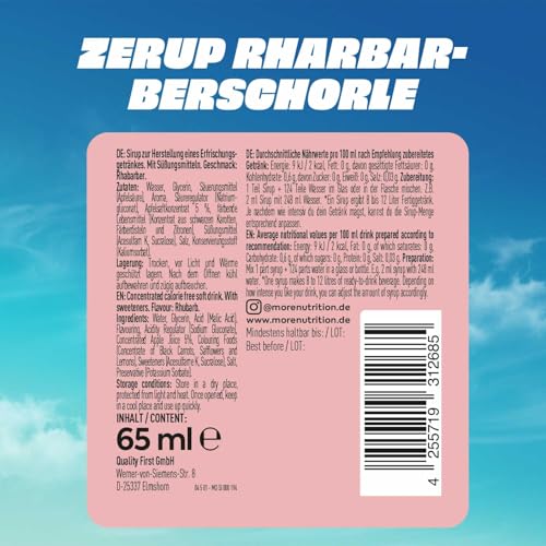 MORE Zerup, Rhabarberschorle, 65 ml, für bis zu 8 l Fertiggetränk, zuckerfreier Sirup mit u.a. echten Fruchtextrakten, vegan, zero Kalorien - made in Germany