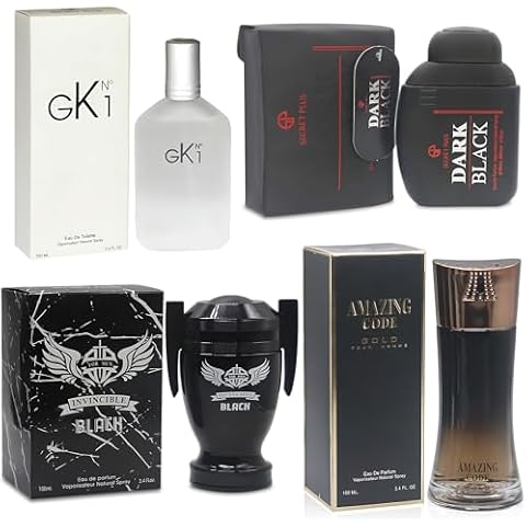 AFLUXE Cologne for Men Set 4 Combo Sets(Dark Black,Invincible Black,Amazing Code Gold,GK N1) Eau De Parfume/Toilette Natural Spray Each 100ML Men Perfume Long Lasting Fragrance for Daily Use Cover