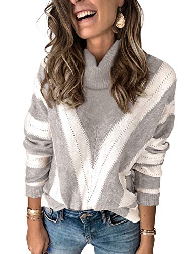 HOTAPEI Womens Long Sleeve Color Block Turtleneck Hand Knit Striped Sweater Tops Fahion 2020 Loose Pullover Sweaters Khaki Medium