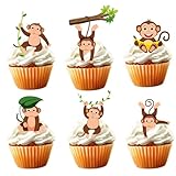 18pcs Cute Monkey Cupcake Toppers for Boys Girls Happy Birthday Banana Safari Jungle Animal Party Decorations Supplies Glitter Monkey Birthday Cake Decorations