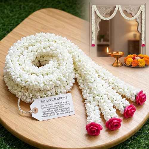 Image of ALOUD CREATIONS 6Pc Decorative Artificial Mogra (Jasmine) Flower Garlands String with Rose for Diwali, Home Decoration, Pooja Room, Wall Hanging Toran, Main Door Wedding Decor - 2.5 feet / 30 inches