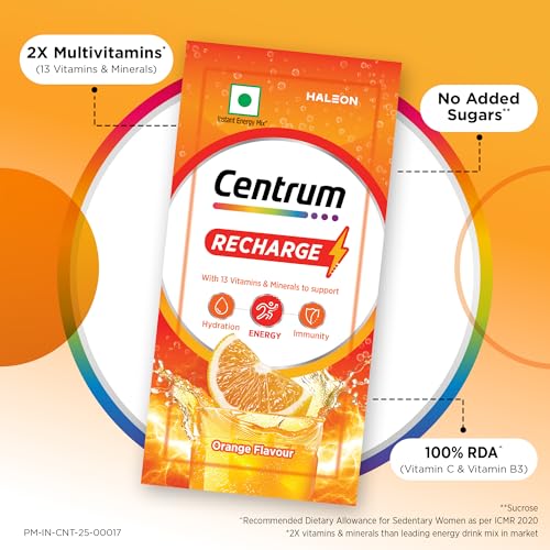 Image of Centrum Recharge: Tasty Orange Flavoured Powder Drink Mix | No Added Sugar| Instant Energy & Hydration | 13 Vitamins & Minerals | Boosts Immunity | Vitamin B, C, Zinc, Magnesium | Pack of 36 sachets