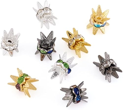 Vista 2 de 120 tapas de cuentas de aleación de zinc con diamantes de imitación de doble tamaño, copas de flores de filigrana, múltiples pétalos, cuentas