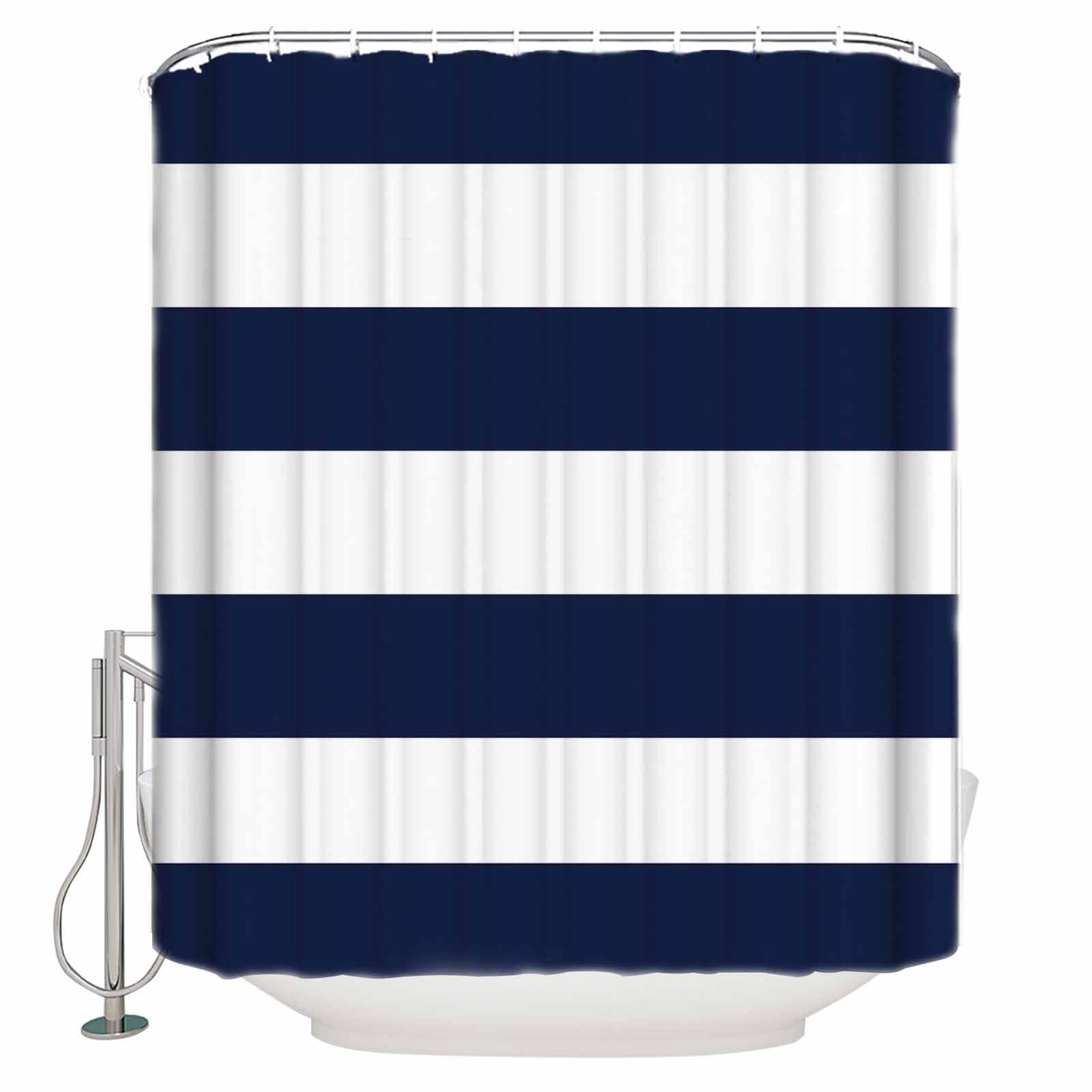 EZON-CH Customize Waterproof Navy Blue White Nautical Stripe Print Polyester Fabric Bathroom Shower Curtain 66x72IN