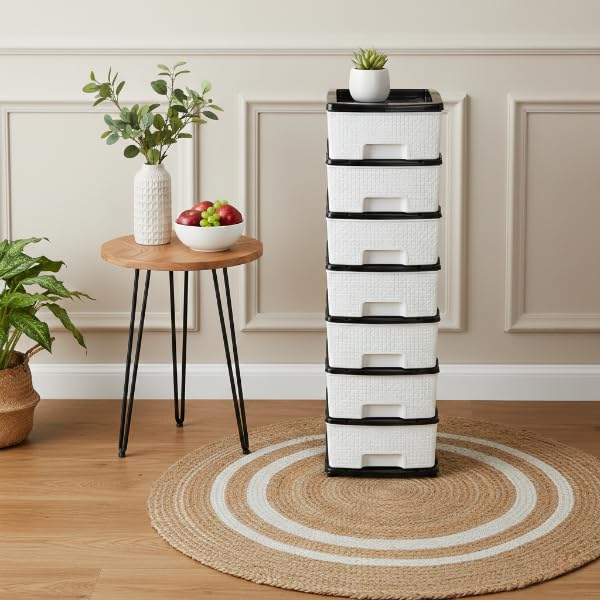 Image of Plastic Modular Drawer Storage Chest Of Drawers Organizer Storage Box, Large Stomo Racks For Multipurpose Anti-slip Shoes Organizers (White & Black, 7 Layer)