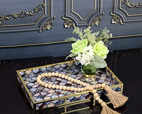 Keznguu Decorative Tray,14" Mother Of Pearl Serving Tray,Moroccan Style Coffee Table Tray,Perfume Trays For Dresser,Gold Vanity Tray For Bathroom,Living Room,Bedroom,Ottoman,Nightstand,Office #TOP2