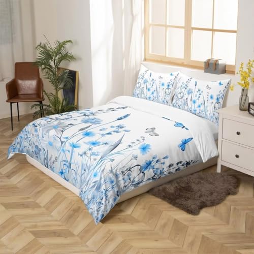 Linge de lit fleurs bleues de style botanique avec zip discret
