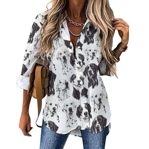Langarm-Shirts mit Knopfleiste für Damen – schwarz-weiße Hunde-Print-Blusen für Damen, elegante lässige Oberteile, Mehrfarbig, S