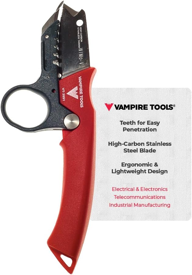 VAMPLIERS 6.8" Pro Cable Jacket Stripping Knife for Telecom Wire AWG 10~20 | For Stripping Communication Cables 50mm OD, Wire AWG 10~20, High Carbon Stainless Steel, Serrated Tip Pierces Jacket Easily