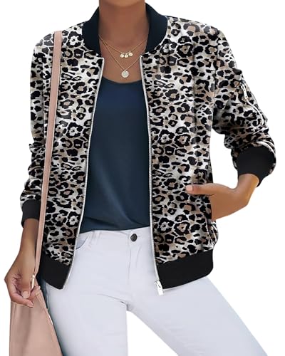 Magritta Womens Bomber Jacket Long Sleeve Casual Fall Coat Zip Up Outerwear Fashion cropped Jacket Windbreaker with Pocket LeopardPrint Medium