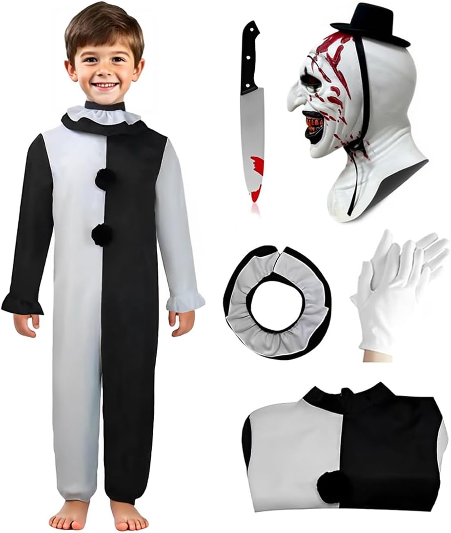 Kids Clown Costume Scary Killer Costume Mask Horror Terrified Halloween Cosplay Costume for Boys Girls 4-14 Years