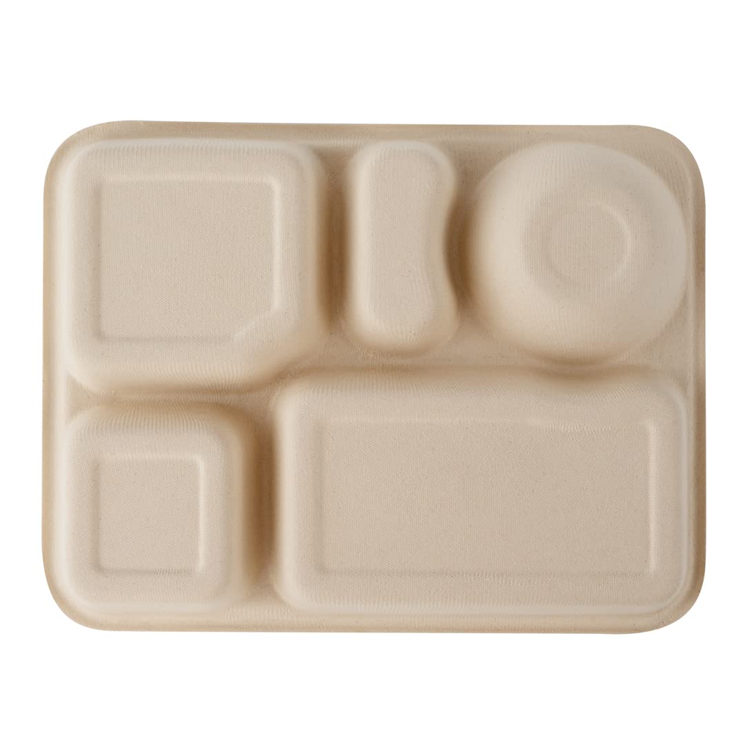 Restaurantware Pulp Tek - Recipientes de 1,219.0 g para llevar, 100 recipientes sostenibles, tapas se venden por separado, 5 compartimentos, platos de bagazo hechos de fibras de caña de azúcar, aptos