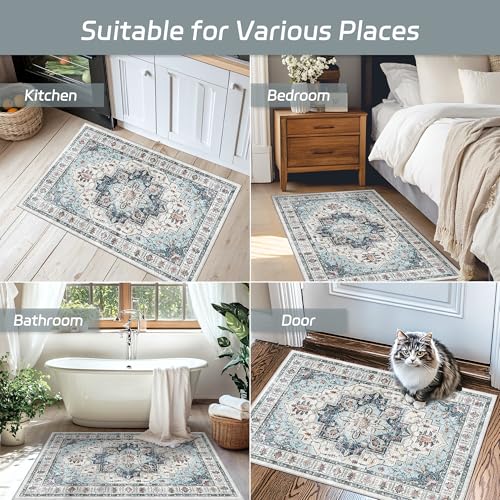Madane Washable Area Rug 2x3, Small Entryway Rug Non-Slip Vintage Door Mat Indoor Entrance, Low Pile Floor Carpet for Inside Front Door Bedroom Kitchen Entry Laundry (2'x3', Blue)