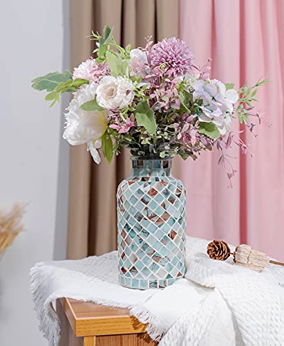 Classic Mosaic Flower Vase For Home Decor, 8”(H) Glass Handmade Table Centerpiece Container For Office, Living Room Kitchen, Wedding. (Summer Road) #TOP3