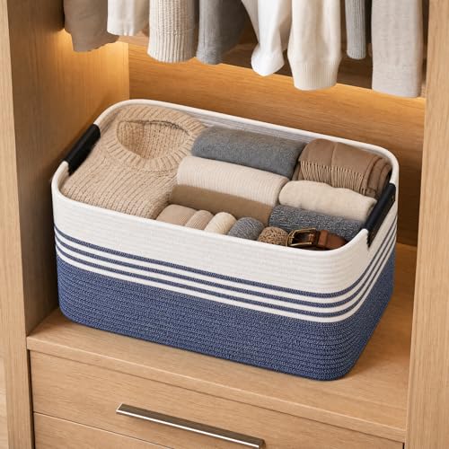 Image of Cotton Rope Laundry Basket Medium, 15.4GAL Collapsible Woven Storage Baskets for Living Room Kids Toys Stuffed Animal,Boho Rectangular Decorative Short Hamper for Dirty Clothes, Blankets Denim Blue