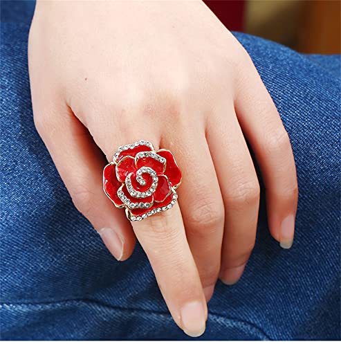 Dtja CZ Rose Flower Promise Ring for Women Girls Statement Diamond Crystal 3D Enamel Flowers Adjustable Open Wrap Finger Rings Comfort Fit Vintage Elegant Wedding Valentine Holiday Jewelry Gift4