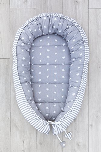 LOOLAY Babynest 85 cm x 60 cm - Nestchen Baby 2 Seitig -Baby nestchen Tragbar Nest aus Baumwolle OEKO-TEX (Sternchen grau/Streifenmuster grau)
