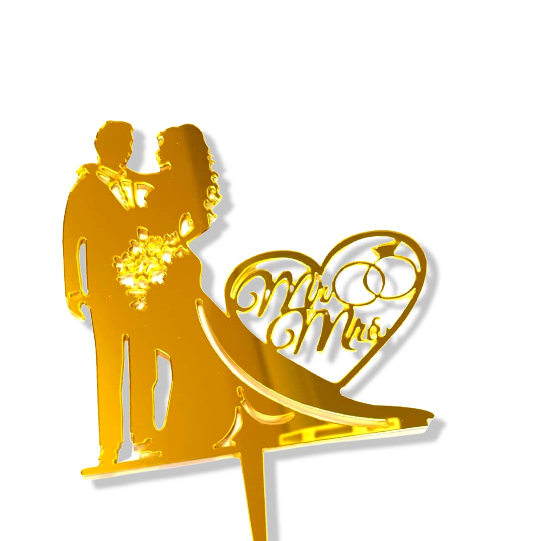 Acrylic Cake Topper Bride Groom Couple Mr & Mrs Engagement Wedding Anniversary Heart Ring Gold Design