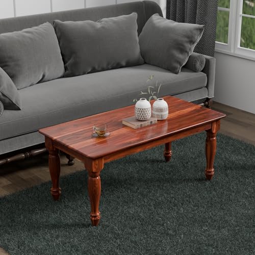Image of Wooden Rectangle Center Coffee Table for Living Room | Sofa Centre Table for Home & Office | Solid Sheesham Wood Tea Table (Honey Finish)