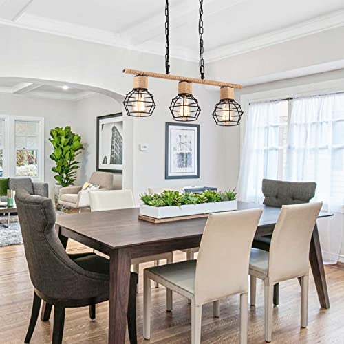 Farmhouse 3-Lights Cage Pendant Light, Vintage Mini Hemp Rope Black Kitchen Island Lighting Fixture, Retro Boho Black Chandelier For Kitchen, Dining Room, Living Room, Bar #TOP6