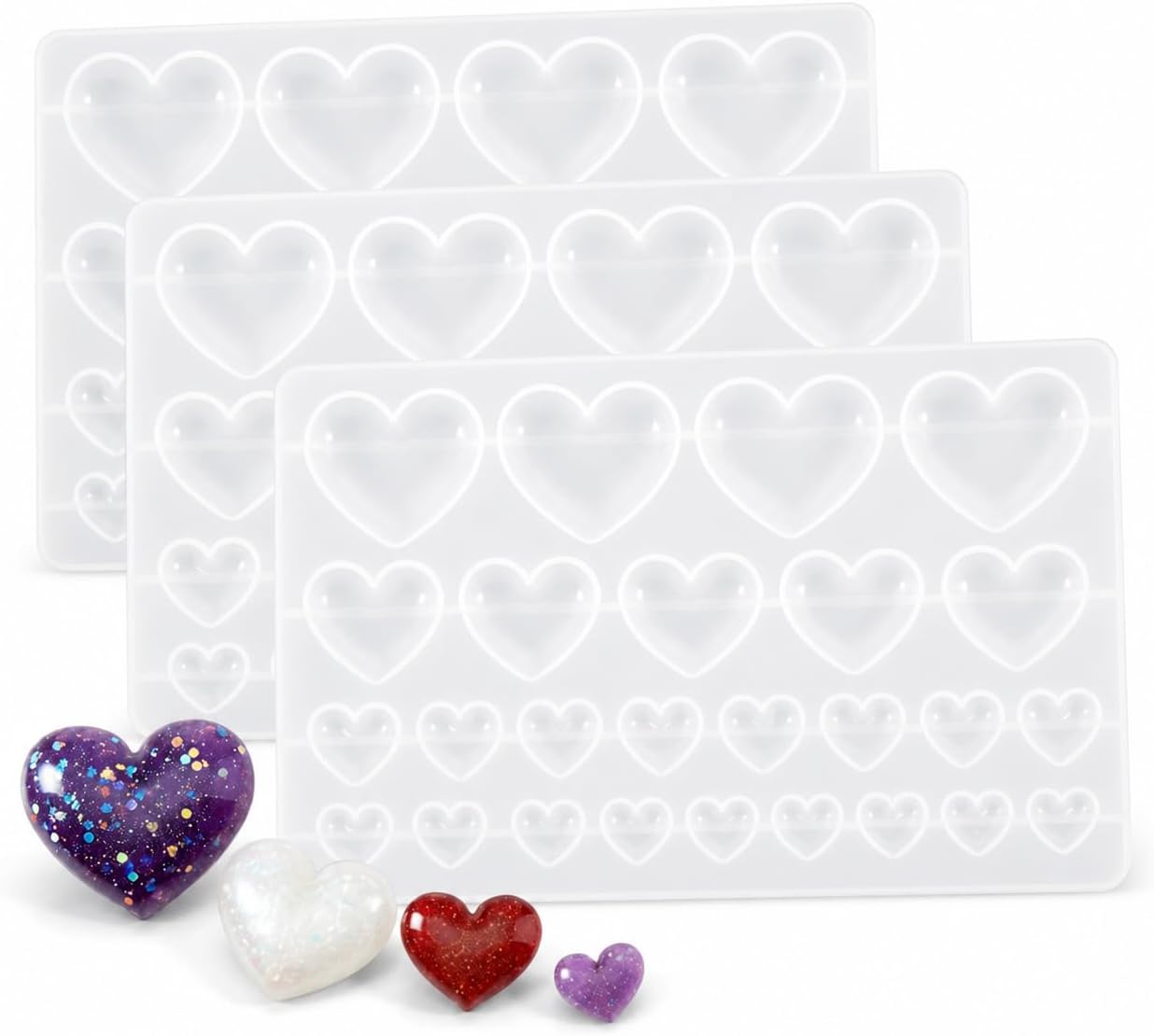Heart Resin Mold Silicone Set, 3 Pack Mixed Size Heart Molds for Epoxy Resin Jewelry Making, 75 Cavity Clear Silicone Molds for Earrings, Pendants, Charms, Keychains, DIY Valentine Crafts