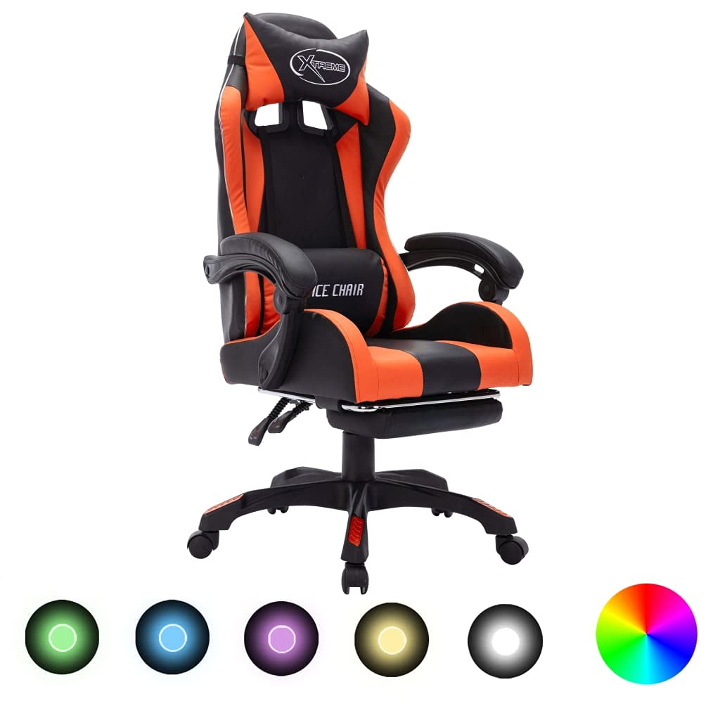 FARBUROI Silla Gaming con Luces LED RGB Cuero sintético Naranja y Negro,Silla Gaming Reclinable Ergonómica con Luz LED, Reposapiés y Cojines de Apoyo Mobiliario de Oficina
