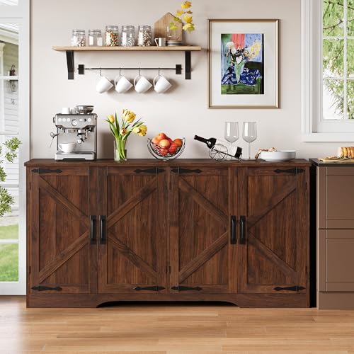 DWVO 62" Farmhouse Buffet Sideboard Cabinet with Adjustable Shelves, Large Coffee Bar Cabinet for Living Room, Kitchen, Entryway, Dark Walnut