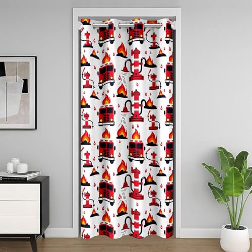Homewish Rideau de Porte Véhicule de Voiture de Pompier, Rideau Occultant Camion de Pompiers de Dessins Animés, Rideaux de Placard Hydrant de Pompier,...