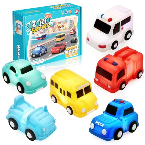Juvuno Car Light Up Bath Toys 6 Pack Toddlers Bath Toys for Boys Aged 1-3