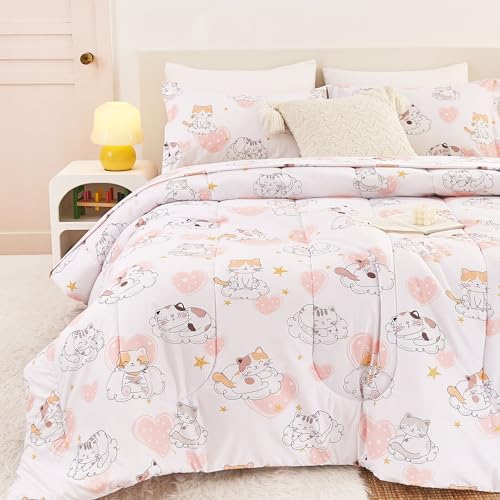 Image of Yibeizi Cat Kids Full Bed Comforter Set for Girls Kitty Bedding