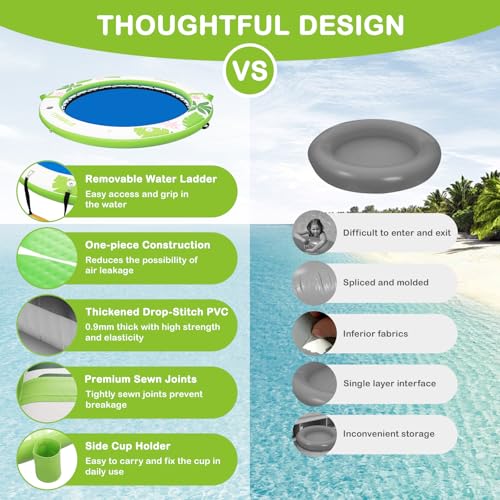 Image of Inflatable Water Hammock Floating Dock 8 FT with Mesh, Tanning Pool Raft Round Ring for Adults, Float Platform for Lake and Beach with Water Ladder and Cup Holder