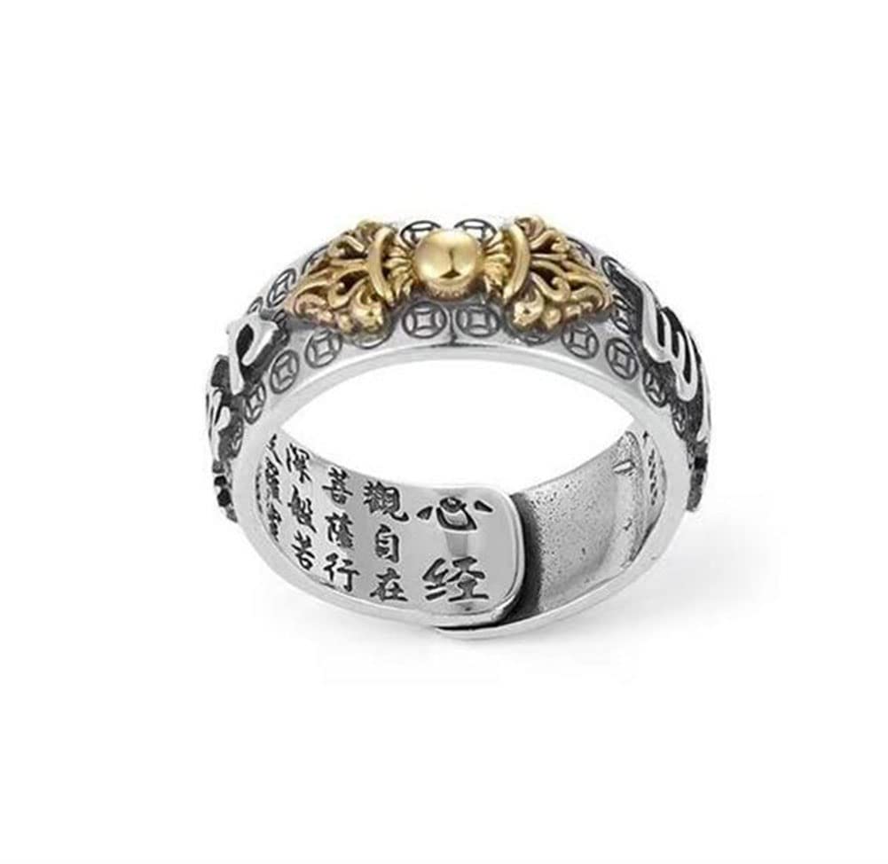 Feng Shui Pixiu Mantra Ring S925 Silver Buddhist Good Luck Amulet Mantra Double Protection Wealth Love Health Ring Gift for Men Women