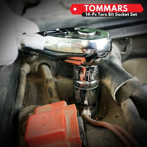 Image of TOMMARS 14-PC Long Torx Bit Socket Set | T10, T15, T20, T25, T27, T30, T35, T40, T45, T47, T50, T55, T60, T70, 3 /8 inch, 1 /2 inch Drive, S2 Alloy Steel