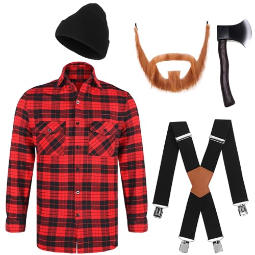 Ramede 5 Pcs Christmas Lumberjack Costume Set Plaid Flannel Shirt Foam Axe Fake Beard Black Beanie Suspender for Cosplay(L)