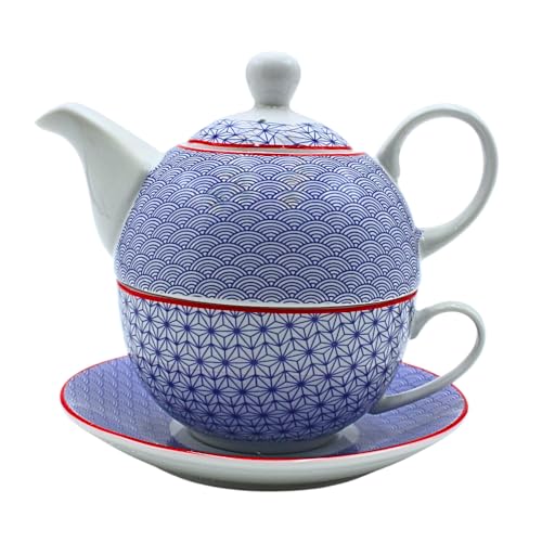 Dekohelden24 Porzellankanne, Tea for one Set, Servierkanne für Tee, Teekanne, Teeservice, Teetasse mit Teekanne, Teekannen-Set Retro mit Teetasse aus Porzellan in Blau, L/B/H 15 x 15 x 16...