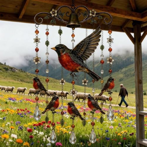 Campanas de viento con pájaros y cascabel de petirrojo para jardín 4
