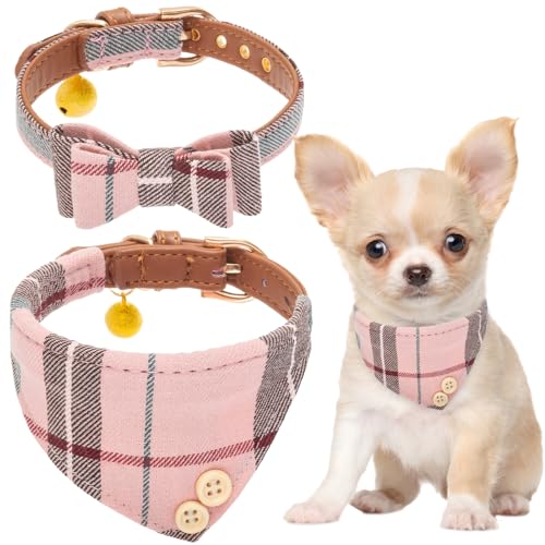 Image of EXPAWLORER Dog Collar Bandana Set - Classic Plaid Dog Bow Tie and Bandana Collar with PU Leather, Adjustable Collars for Small Medium Large Dogs Cats, Holiday Ideal Gift, Pink S