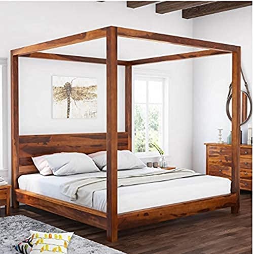 Image of TG Furniture Solid Sheesham Wood Grand Maldives Poster King Size Bed for Bedroom | Wooden Poster Bed for Home & Hotel | Palang Double Bed Cot Without Storage | 78 x 72 Inch | Honey Finish