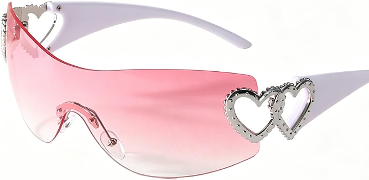 Y2K Pink Rimless Sunglasses for Women, Heart Rhinestone Bling Gradient Frameless Sunnies Cute Hot Pink Shades UV400