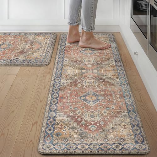 GENIMO Kitchen Mats for Floor, 2PCS Kitchen Rugs Non Slip Washable, Waterproof Anti Fatigue Mat, Comfort Standing Runner Rug for Sink, Office, Laundry, Home, 17.3