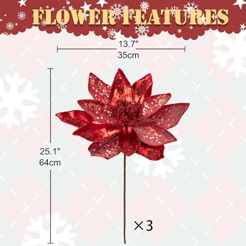 Briful 13.7'' Extra Large Magnolia Christmas Flowers - 3Pcs Artificial Stems With Glitter, Pearl Ornaments for Xmas Tree Decorations, Wreath - Oversized Faux Flowers, Red by Briful - Image 2