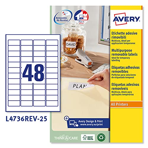 Avery España Etiqueta adhesiva Avery España blanca removible para impresora laser inkjet y fotocopiadora 45,7x21,2 mm