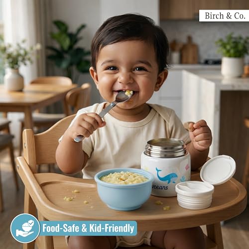Image of Birch & Co. Baby Feeding Bowl and Spoon Set, Stainless Steel Food Bowls - 500ml, 304 Stainless Steel Baby Food Container with Double Wall Vacuum Insulation, BPA-Free Leak-Proof for School & Travel, Blue