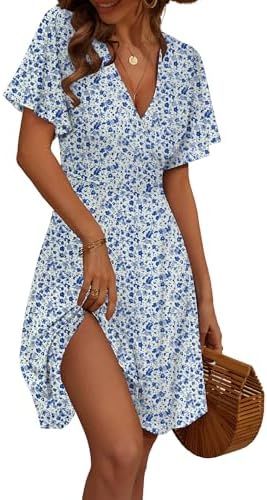 FENSACE Womens Sundress Summer Floral Short Sleeve Wrap V Neck A-...