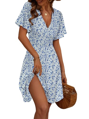 FENSACE Brunch Outfits for Women Faux Wrap Petite Country Cottage Core White Floral Dress(White Blue Floral-63,Medium)