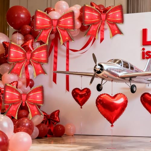Image of 4Pcs Giant Bow Balloons, 97.5cm /38in Big Elegant Coquette Theme Balloons for Birthday Wedding Engagement & Party Large Decorations Bridal & Bachelorette Supplies (Star Dot Red)