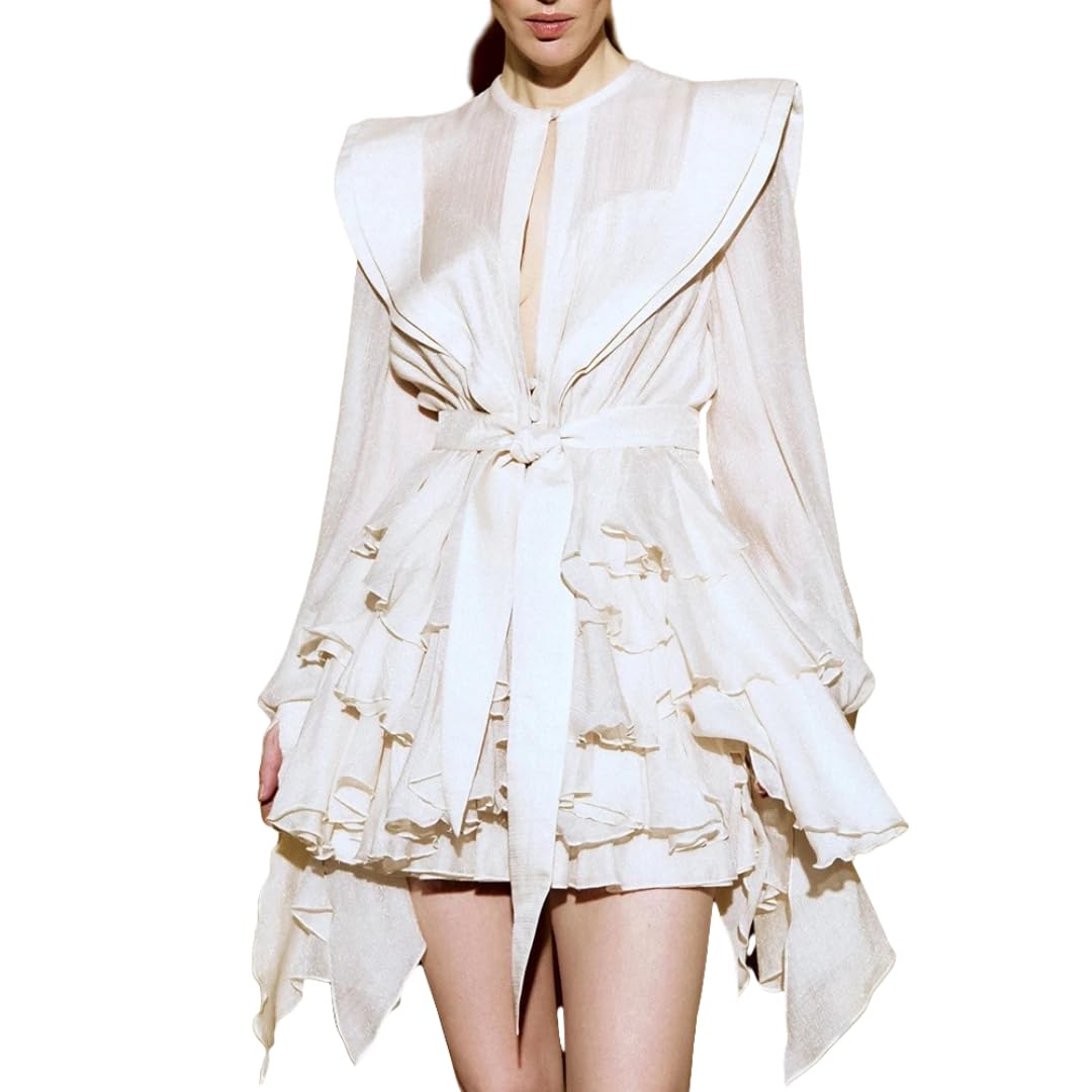 Women Solid Loose Spliced Lace Up Round Neck Long Sleeves Patchwork Ruffles Folds Dress