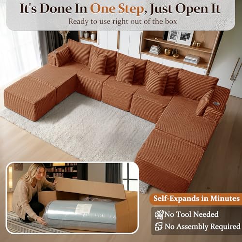 Image of 168 inch Cloud Sectional Couch, Comfort U Shaped Sofa for Living Room, Extra Deep Seats No Assembly, Minimalist Modular Couch, Corduroy (Deep Orange, 9 Seats,U-Shape B)