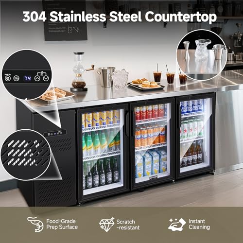 Image of BODEGA BODEGACOOLER Commercial Bar Cooler with 3 Glass Doors, 20.5 Cu.Ft Back Bar Beverage Refrigerator for Beer Soda Wine,LED Lighting With Stainless Steel Top,Casters Kitchen Buffet Table Use